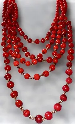 Vintage Coral Red Swirl Peking Art Glass Bead Multi Strand Copper Necklace 47” • $59.40