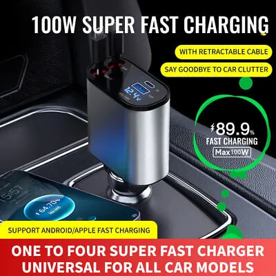 100W 4in1 Retractable Car Charger USB Type C PD For Phone Samsung Fast Charger • $19.89