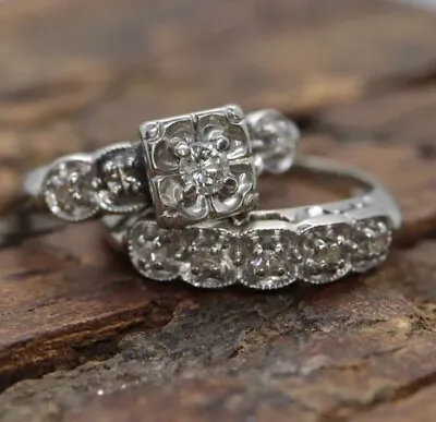Stunning Vintage Wedding Ring Set 14K White Gold 2Ct CZ Bridal Ring Set For Her • $287.35