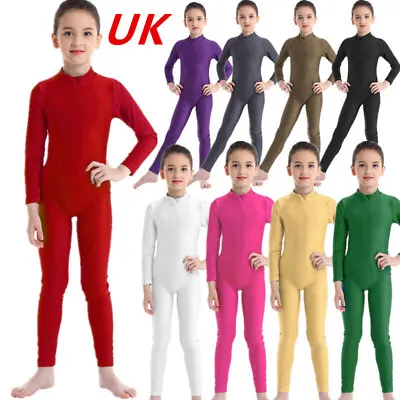UK Kid Girls Gymnastics Catsuit Long Sleeve Ballet Dance Zipper Leotard Bodysuit • £14.86