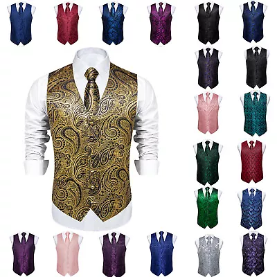 Mens Vintage Stain Vest Herringbone Necktie Hanky Set Slim Fit Waistcoat Formal • $24.99