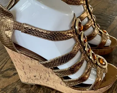 Enzo Angiolini Cork Wedge Gladiator Sandals Sz 7 Gold W/Rhinestone Zipper Back • $18.17