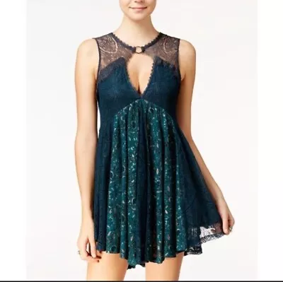 NWT Free People Sz S Don't You Dare Navy Teal/Gold Lace Mini Dress • $22