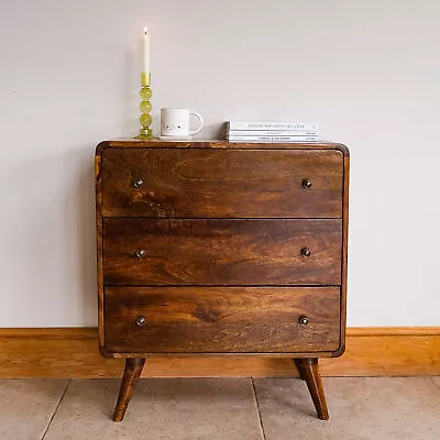 Wooden Chest Of 3 Drawers Curved Storage Cabinet Dark Chestnut Mango Wood Hamade • £426.99