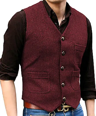 Men Vest Vintage Herringbone Groomsman Tweed Waistcoat Retro Wedding Formal Vest • $44.54