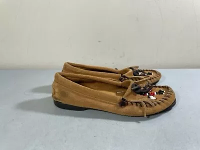 Minnetonka Women's Brown Suede Beaded Thunderbird Moccasin Flats Size 7 • $15.50