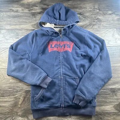 Levi's Hoodie Sherpa Lined Full Zip Men's S Faux Fur Teddy Blue Distress Stained • $19.97