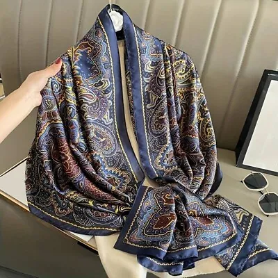 Dark Blue Paisley Print Scarf Vintage Satin Shawl Imitation Silk Head Wrap • £10