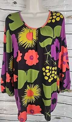 Marimekko Multi Floral Knit Tee Top M 3/4 Sleeves Viscose Womens Scoop Neck • $33.14