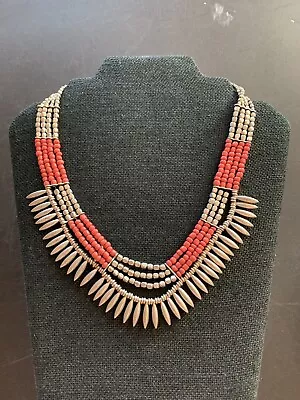 Moroccan Fringe Bib Necklace Silvertone Red Beads 18” • $19.99