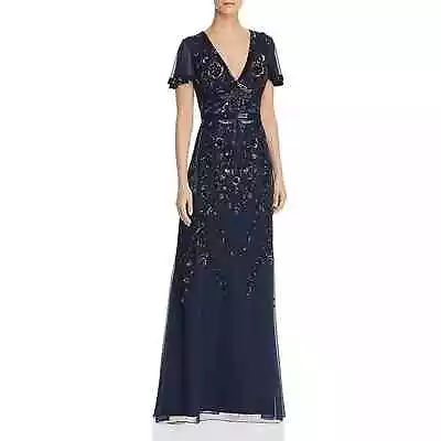 Aidan Mattox Beaded Gown Twilight Blue Sz 6 Flutter Sleeve V-Neck Sequin Chiffon • $119.98