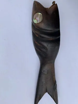 Vintage Carved Wood Whale Fish Bottle Opener Abalone Eyes Handmade 1979 Acapulco • $25