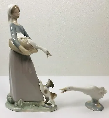 Lladro Tall Girl With Goose & Dog Plus Honking Goose Porcelain Figurines • $75