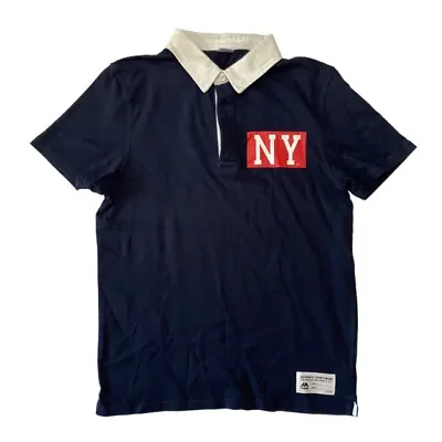 Majestic Athletic NY Logo Navy Blue White Collar Polo Shirt Mens UK Medium • £11.29