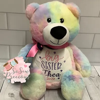 Personalised Rainbow Tie Dye Embroidered Teddy Bear New Baby Sister • £27.99