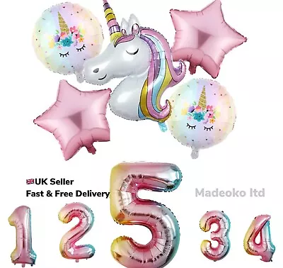 Large Pink Rainbow Unicorn Foil Balloon (6pc Set) Birthday Party Decoration Kids • £3.39