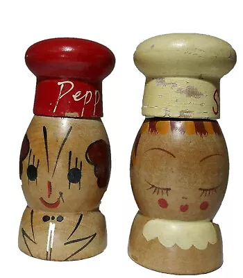Vintage Made In Japan Chef Couple Wooden Salt And Pepper Shakers Set Distressed • $13.19