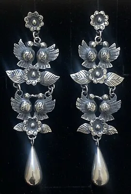 Long Mexican Sterling Silver Love Bird Tear Drop Chandelier Frida Earrings • $168