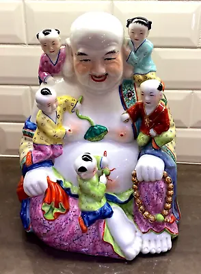 VTG Large 12 Inches Chinese Buddha Porcelain Figurine Laughing With 5 Children • £189.27