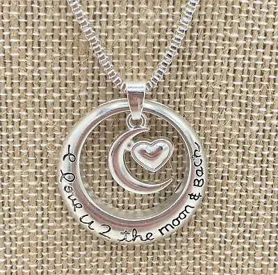 Silver Tone Moon Heart Pendant 18” Necklace ‘I Love U 2 The Moon & Back’ • $7