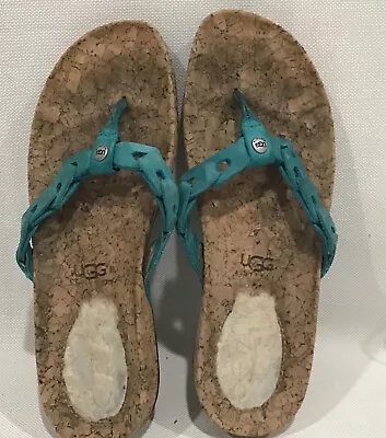 UGG Maremma Turquoise Leather Shimmery Cork Flip Flop Sandals Womens Size 7 • $17.25