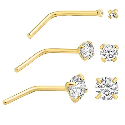 14k Solid Gold Round Lab Diamond Prong L-Shaped Nose Ring 1.5mm 2mm 2.5m 3mm 3.5 • $39