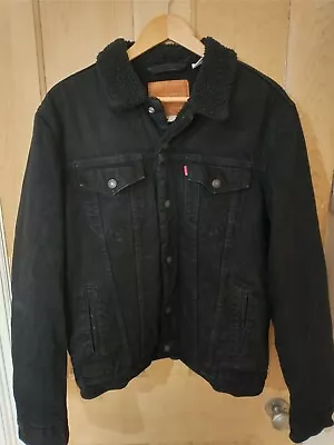 Levi's Denim Sherpa Lined Truckers Jacket Mens Large Black / Grey • £43