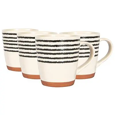 4x Stripe Rim Stoneware Coffee Mugs Large Rustic Tea Cups Set 360ml Monochrome • £14