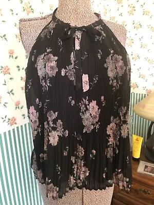 Maurices Accordian Pleated Blouse Top Black Floral Tie Neckline New Nwot M • $11