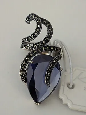 Kanishka Sterling Swarovski Marcasite Blue Stone Statement Ring Size 8 • $44.99