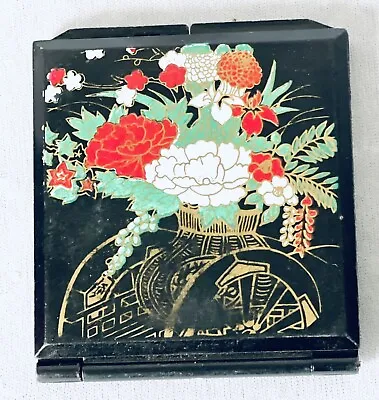 Vintage Japanese Black Lacquer Floral Makeup Mirror Compact • $9.99