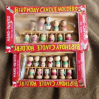 (23) Vintage Japanese Kokeshi Wooden Dolls Birthday Cake Candle Holders • $23