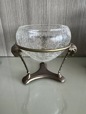 Vintage Ornate Brass Stand Pedestal Rams Head Crackle Glass Bowl Vase • $38