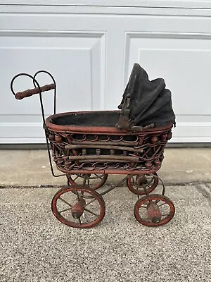 Vintage Wicker Ratan Baby Doll  Carriage Buggy Stroller Home Decor • $69.99