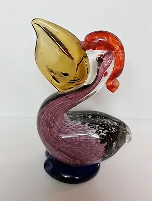 VINTAGE Murano Style PELICAN Glass Figurine - Fish In Mouth 7   Hand Blown • $23.99