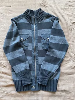 Men's Twice Black And Gray Stripped Full Zip Sweater Jacket Two Front Pockets • $35