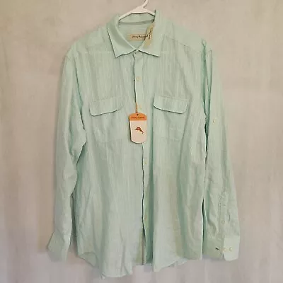 Tommy Bahama Tropez L/S Linen Blend Shirt Flap Pockets 5547 Dive Aqua Men L NEW • $31.50