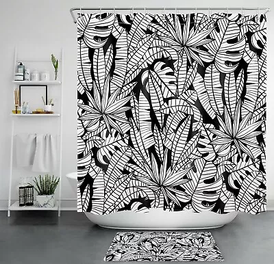 Tropical Nature Plant Shower Curtain Black White Summer Bathroom Accessories Set • $10.99
