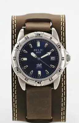 Relic Watch Men Blue Stainless Steel Silver Brown Wide Leather Date 50m Quartz • $29.94