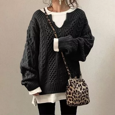 Women Knitwear Cable Knit Sweater Ladies V Neck Pullover Jumper Tops Black 18 • £20.99