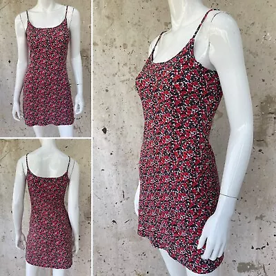 Vintage 90’s Red & Black Floral Waffle Knit Cotton Sun Dress Small • $58