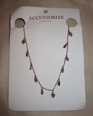 Accessorize Pink Bling Glass Necklace With Gold Chain - Colourful Design  BNWT • £5