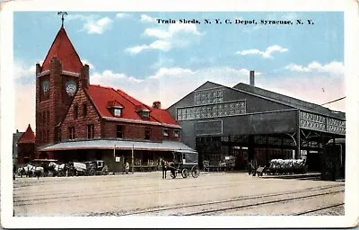 Postcard NY Syracuse Train Sheds N. Y. C. Depot Buggies Railroad 1920s S30 • $11.79
