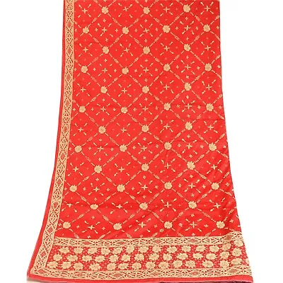 Sanskriti Vintage Red Dupatta Pure Satin Silk Hand Beaded Zardozi Work Stole • $95