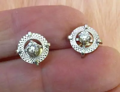 14k White Gold Vintage Diamond*+diamond Cut Illusion Set Post Earrings*wow! • $449