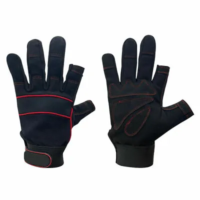 Unisex Fingerless Gloves Work Safety Protection Mechanic Builder Red Piping M-XL • £7.99