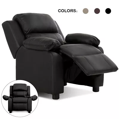 Black Deluxe Padded Kids Sofa Armchair Recliner Headrest Children W Storage Arms • $125