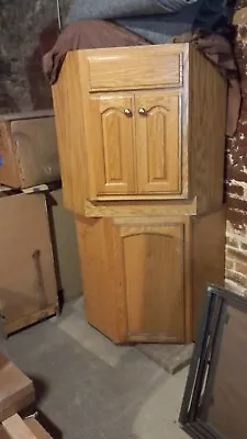 Oak Corner Bathroom Vanity Cabinet Set With Bone Color Top. • $93