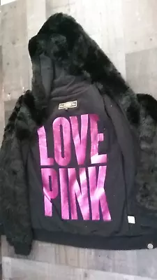 Victorias Secret LOVE Pink - Black Fur Hoodie Faux Fur Jacket/Coat - Size XS • $98.88