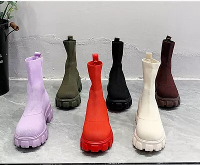 £25.49 • Buy Ladies Womens Flat Chunky Platform Sole Chelsea Slip On Sock Ankle Boots Shoes